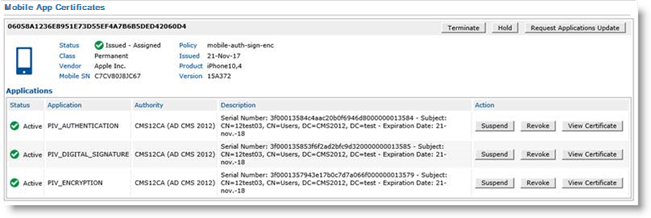 Mobile App Certificates section of Help Desk Overview page with available actions for the certificate and its applications